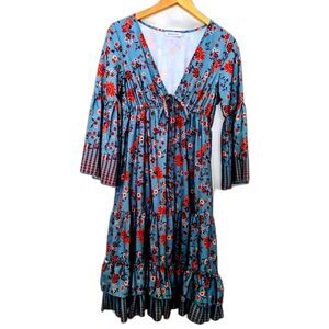 Women's Misslook Blue & Orange Autumn Cottagecore Flowered Dress Bell Sleeves S